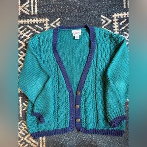 Vintage Hand-Knit 1980s Turquoise and Dark Blue Women's Cardigan